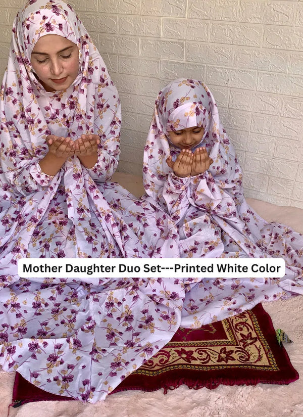 Mother & Daughter's Same Design Namaz Chaddar - Printed White