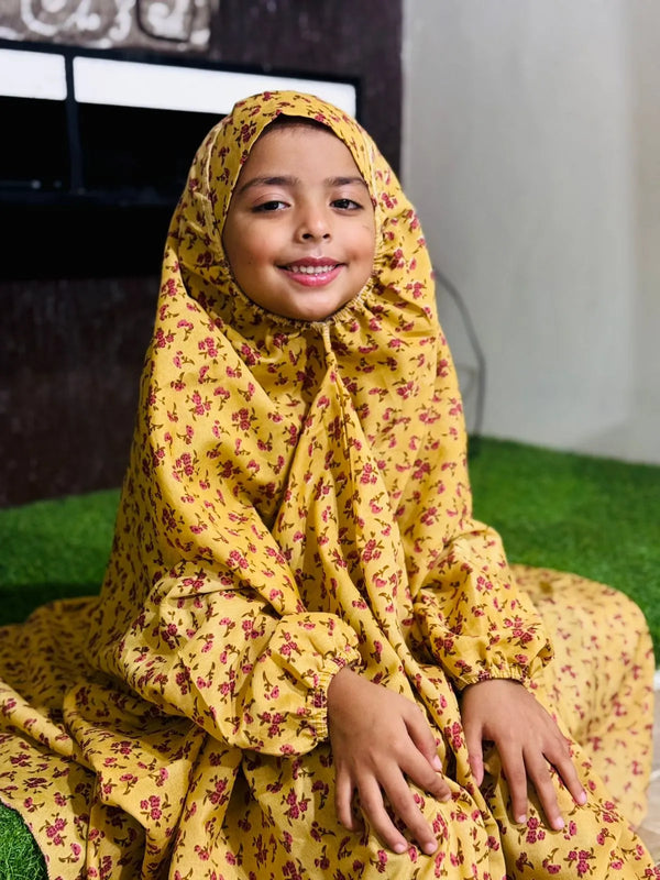 KIDS NAMAZ CHADDAR WITH FULL SLEEVES - Bunch Roses French Beige (5 to 12 Years)