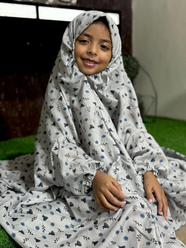 KIDS NAMAZ CHADDAR WITH FULL SLEEVES - Mix Floral Grey (5 to 12 Years)